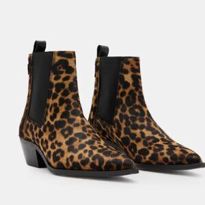AllSaints Fox Pointed Toe Leather Chelsea Boots in Leopard Brown